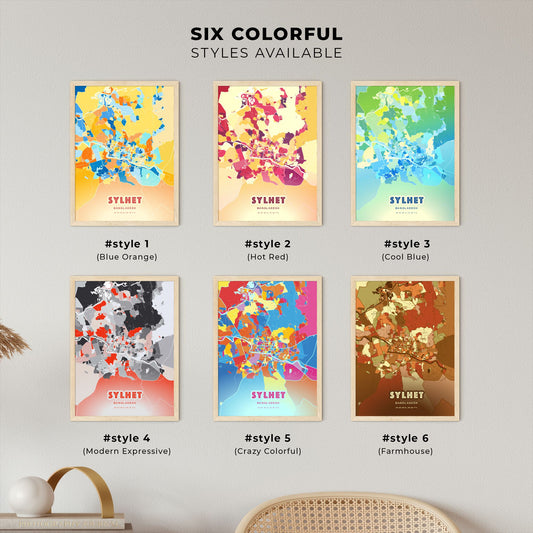 Colorful SYLHET BANGLADESH Fine Art Map Blue Orange