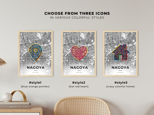 Nagoya Japan maps with colorful icons