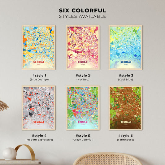 Colorful SENDAI JAPAN Fine Art Map Blue Orange