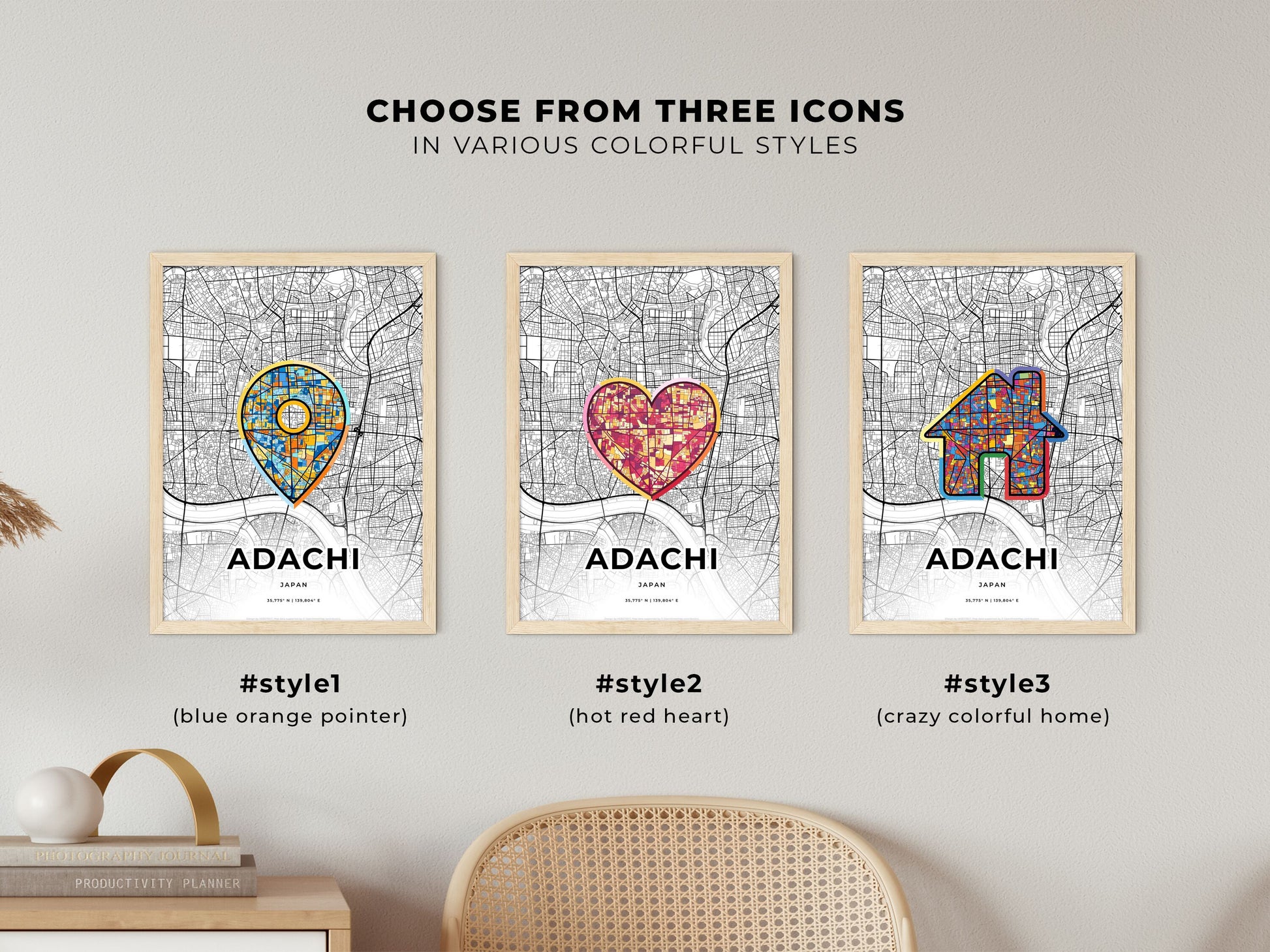 ADACHI JAPAN minimal art map with a colorful icon. Where it all began, Couple map gift.
