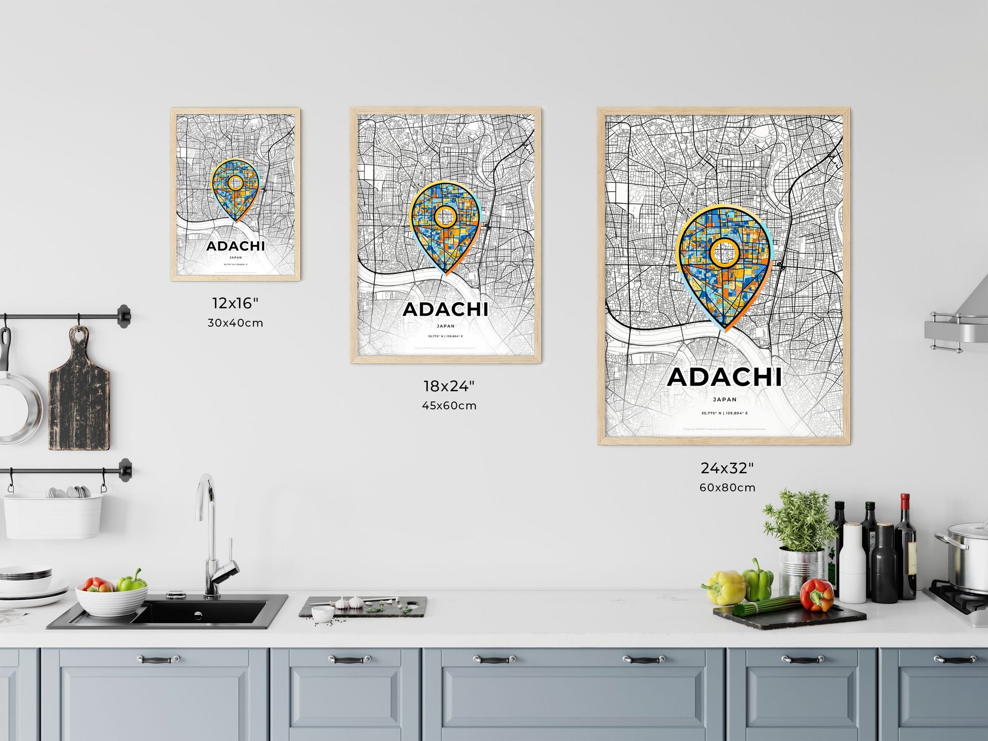 ADACHI JAPAN minimal art map with a colorful icon. Where it all began, Couple map gift.