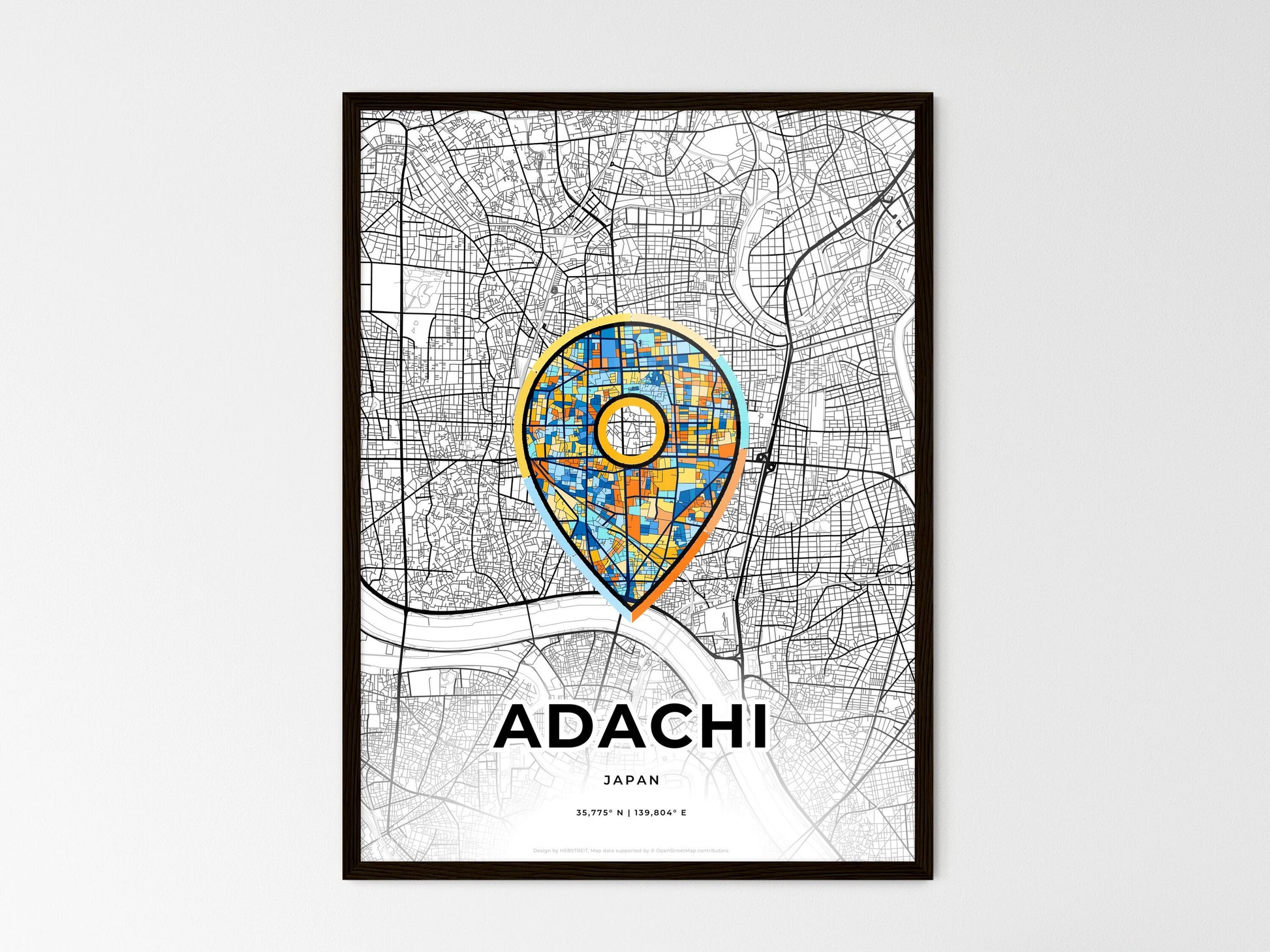 ADACHI JAPAN minimal art map with a colorful icon. Where it all began, Couple map gift. Style 1
