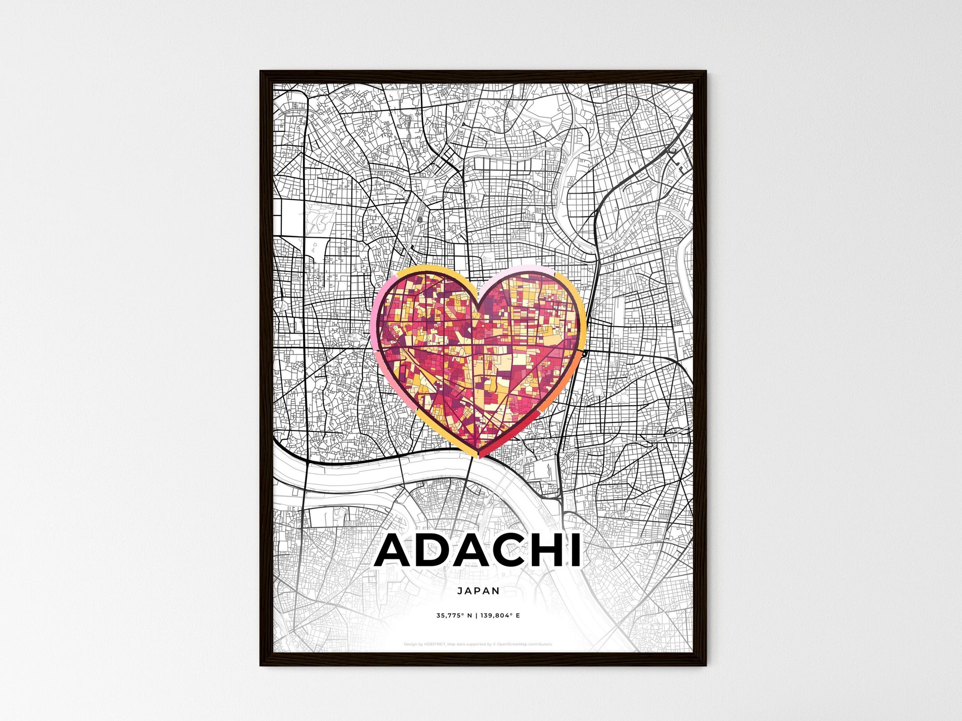 ADACHI JAPAN minimal art map with a colorful icon. Where it all began, Couple map gift. Style 2
