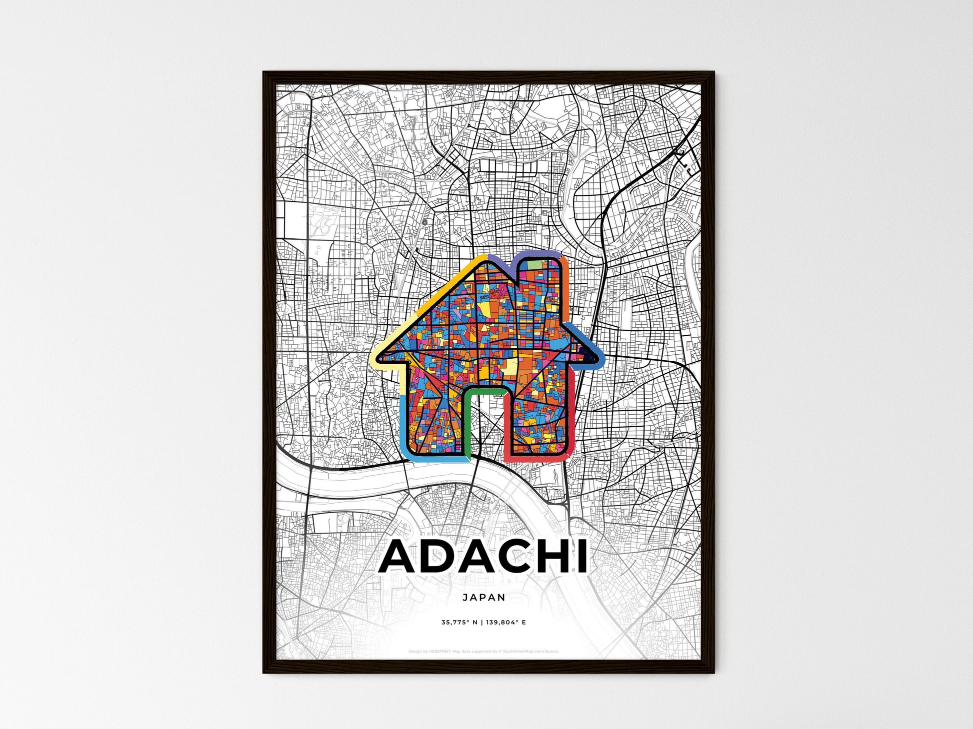 ADACHI JAPAN minimal art map with a colorful icon. Where it all began, Couple map gift. Style 3
