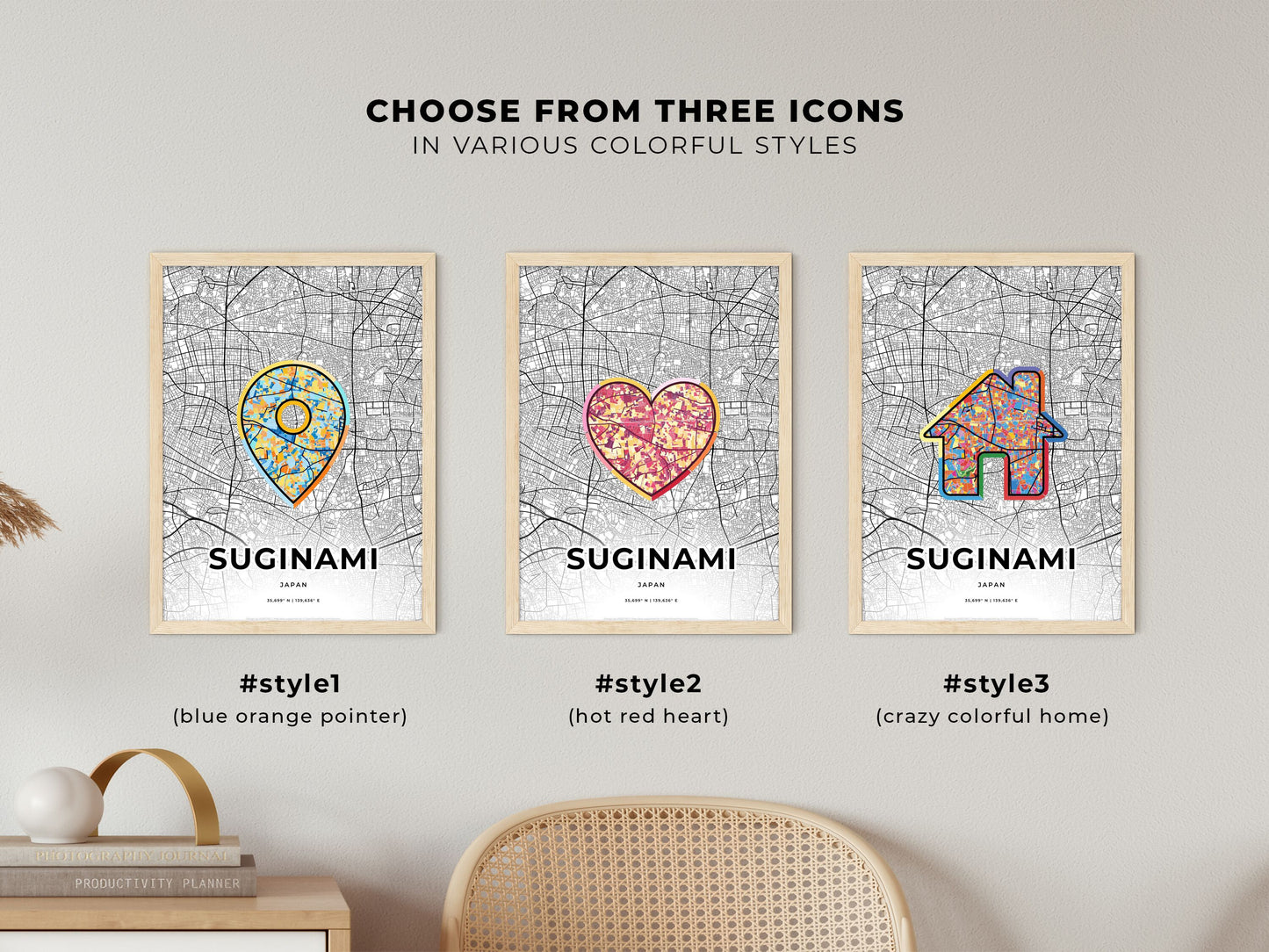 SUGINAMI JAPAN minimal art map with a colorful icon. Where it all began, Couple map gift.