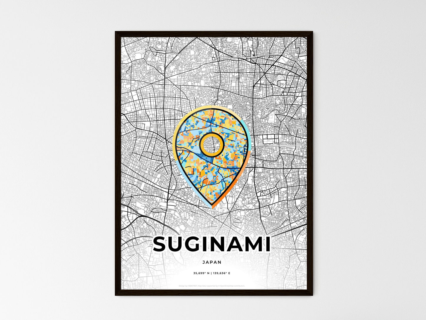 SUGINAMI JAPAN minimal art map with a colorful icon. Where it all began, Couple map gift. Style 1