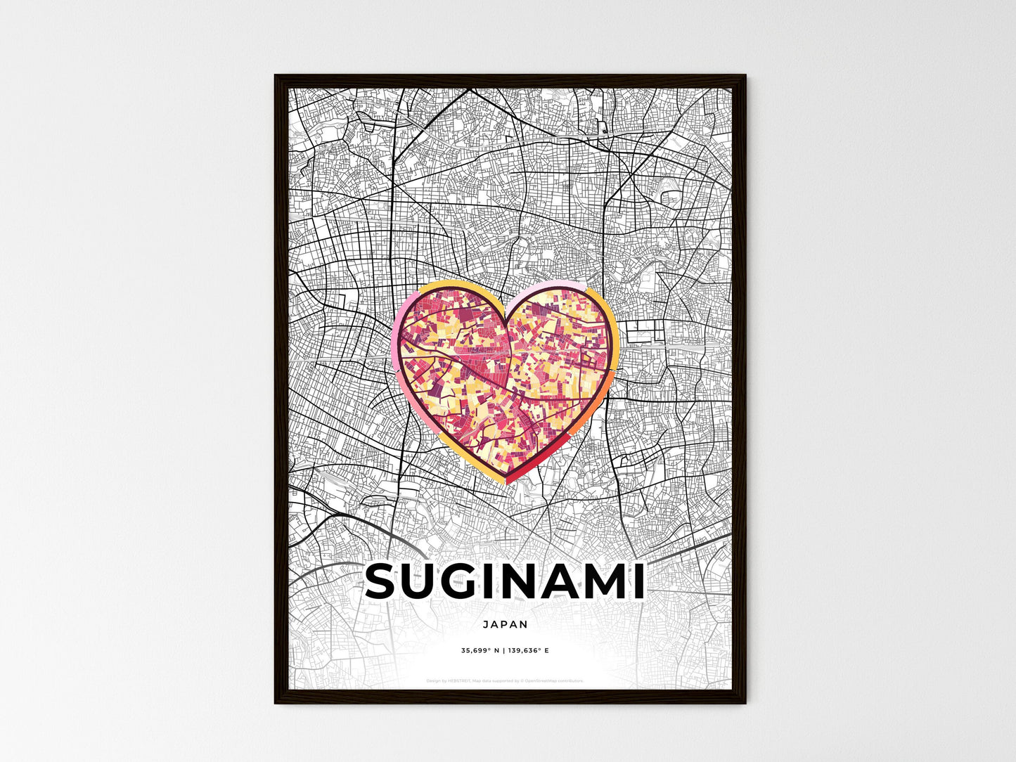 SUGINAMI JAPAN minimal art map with a colorful icon. Where it all began, Couple map gift. Style 2