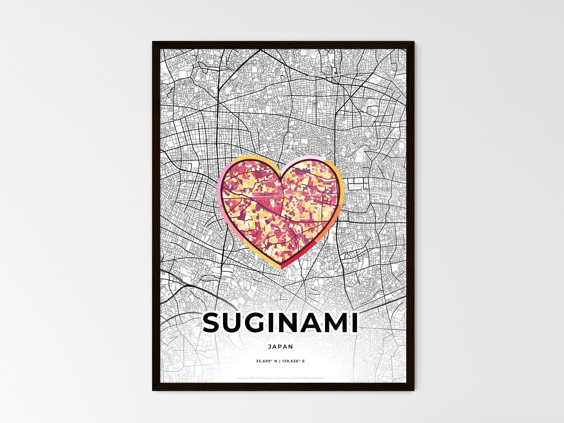 SUGINAMI JAPAN minimal art map with a colorful icon. Where it all began, Couple map gift. Style 2