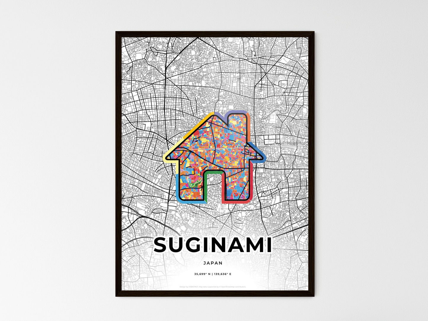 SUGINAMI JAPAN minimal art map with a colorful icon. Where it all began, Couple map gift. Style 3