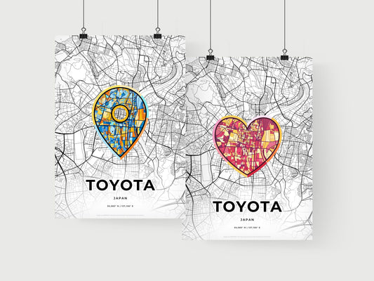 TOYOTA JAPAN minimal art map with a colorful icon. Where it all began, Couple map gift.