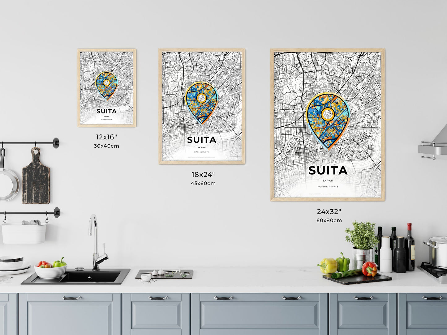 SUITA JAPAN minimal art map with a colorful icon. Where it all began, Couple map gift.