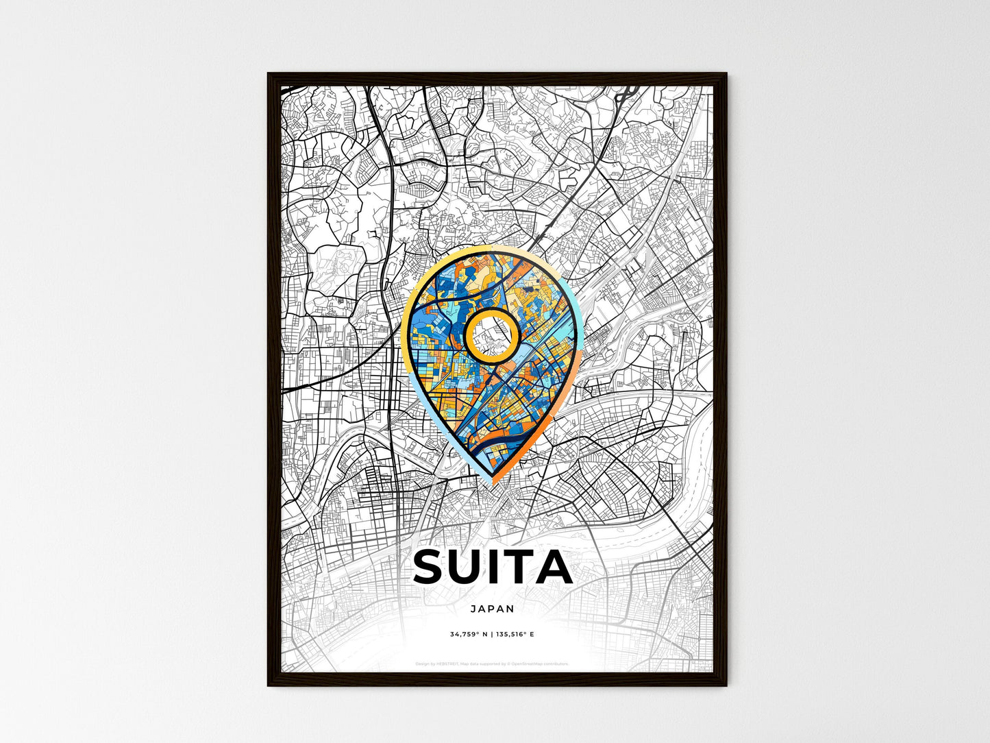 SUITA JAPAN minimal art map with a colorful icon. Where it all began, Couple map gift. Style 1
