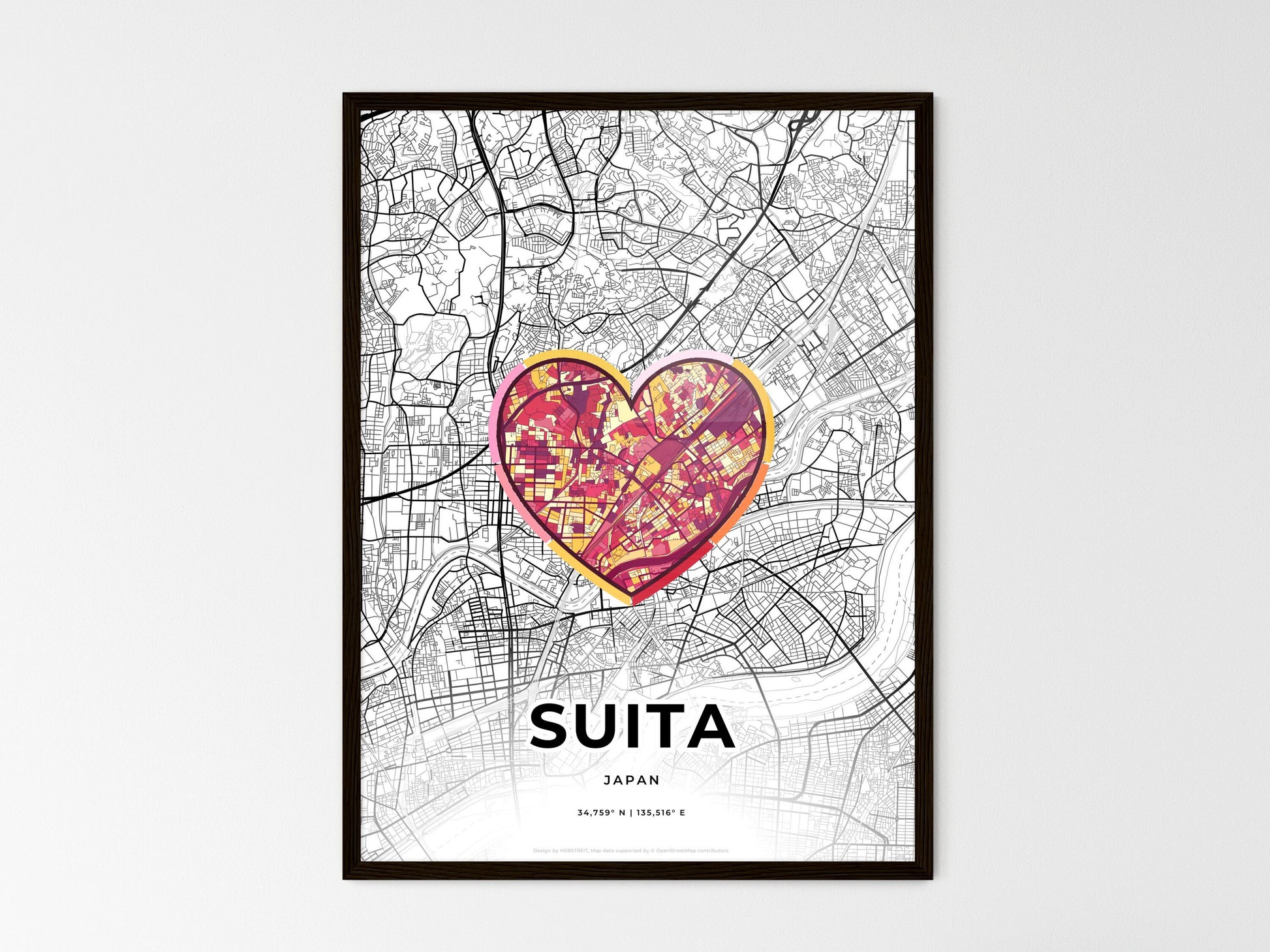 SUITA JAPAN minimal art map with a colorful icon. Where it all began, Couple map gift. Style 2