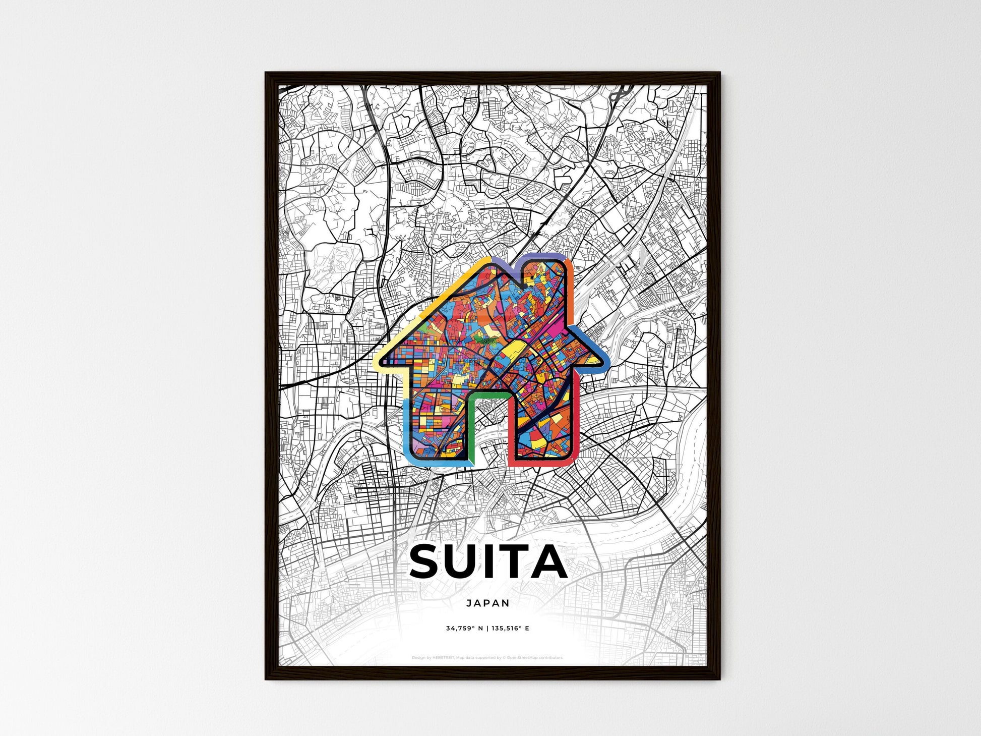 SUITA JAPAN minimal art map with a colorful icon. Where it all began, Couple map gift. Style 3