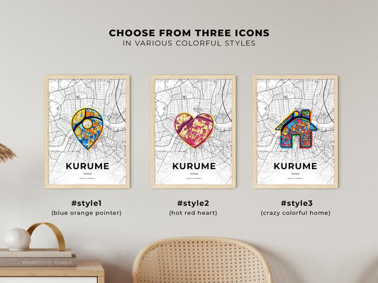 Kurume Japan maps with colorful icons