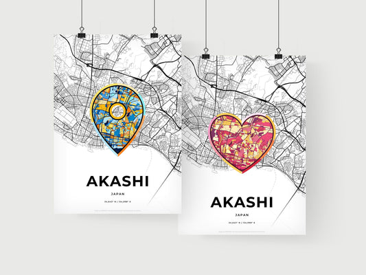 AKASHI JAPAN minimal art map with a colorful icon. Where it all began, Couple map gift.