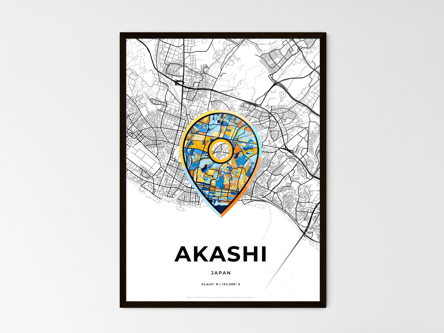 AKASHI JAPAN minimal art map with a colorful icon. Where it all began, Couple map gift. Style 1