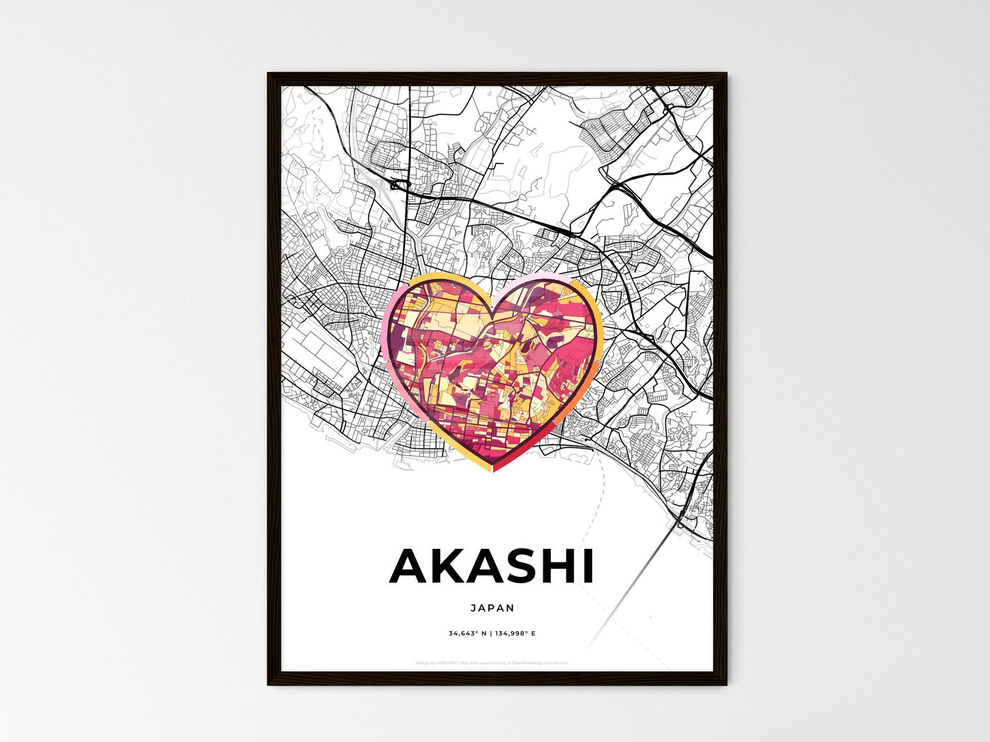 AKASHI JAPAN minimal art map with a colorful icon. Where it all began, Couple map gift. Style 2