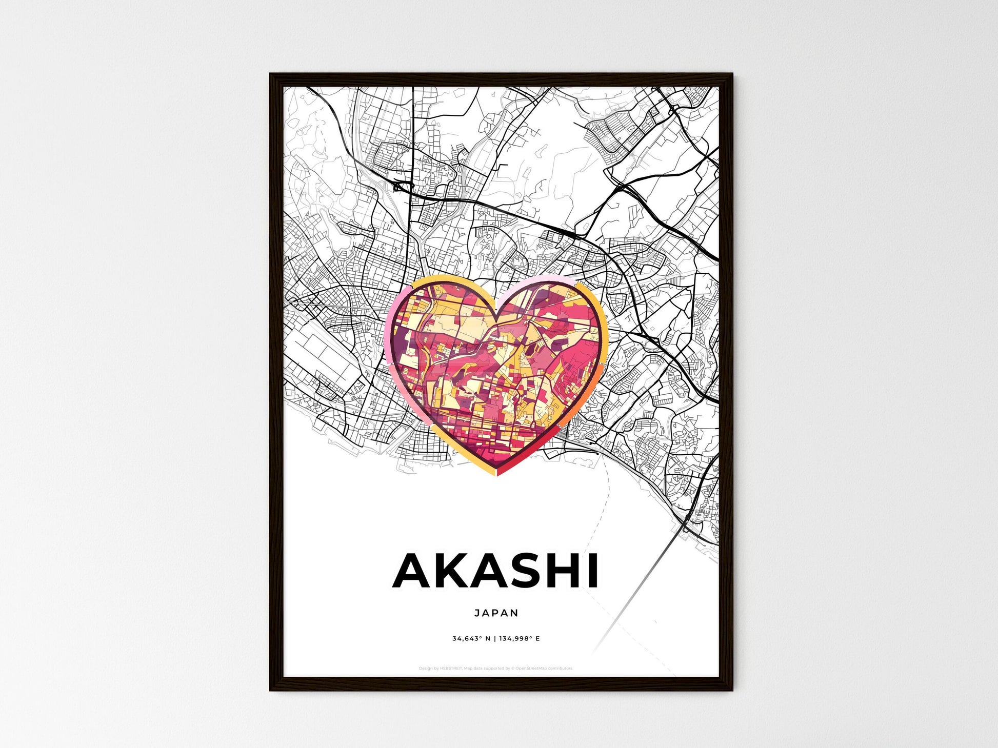 AKASHI JAPAN minimal art map with a colorful icon. Where it all began, Couple map gift. Style 2