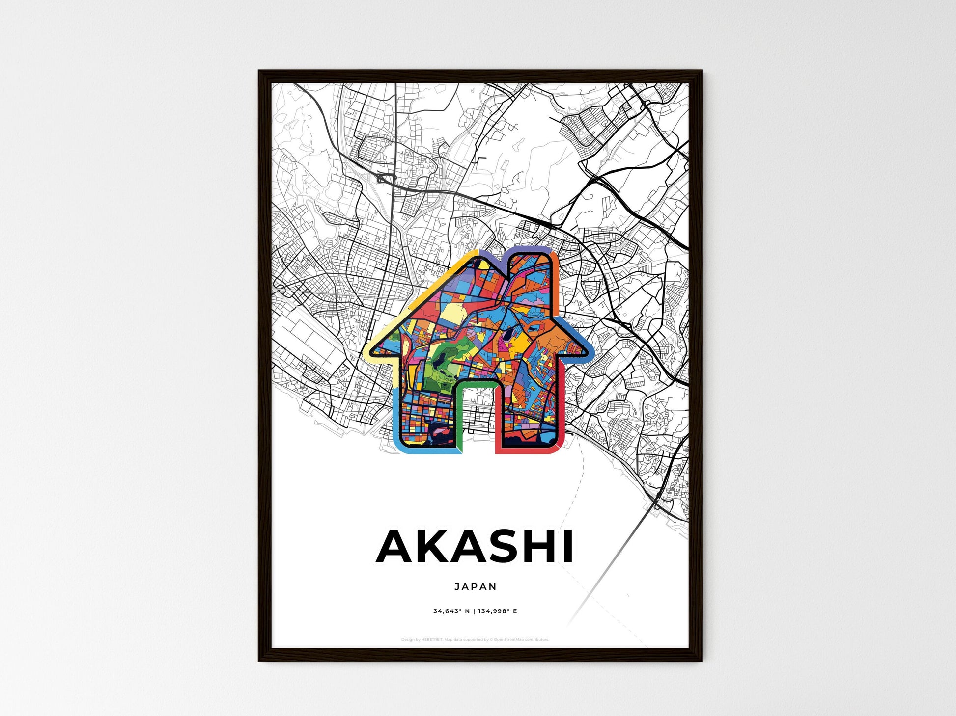 AKASHI JAPAN minimal art map with a colorful icon. Where it all began, Couple map gift. Style 3