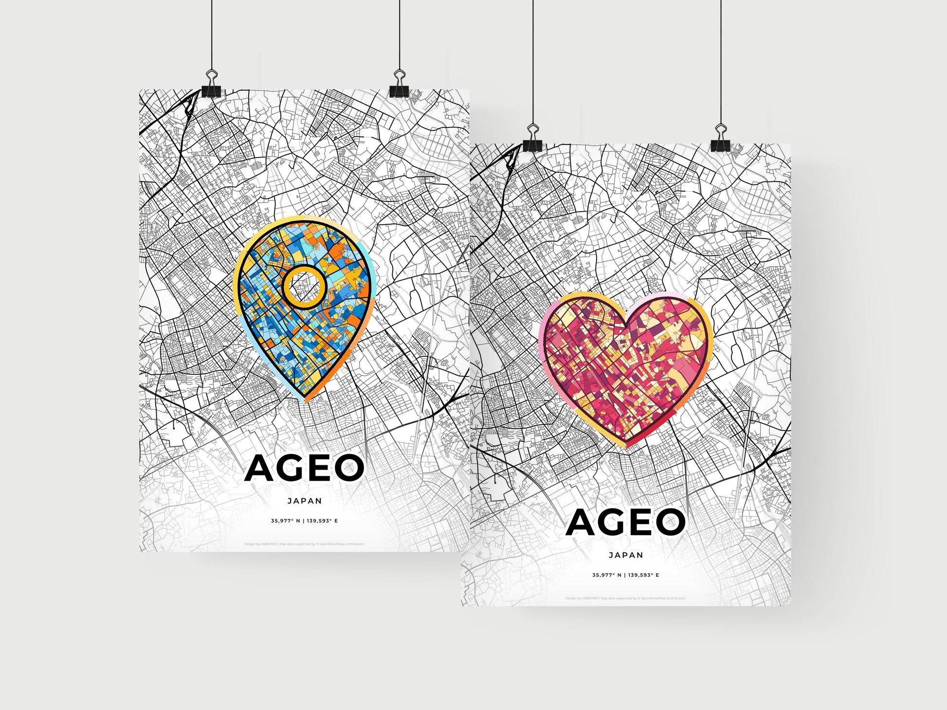 AGEO JAPAN minimal art map with a colorful icon. Where it all began, Couple map gift.