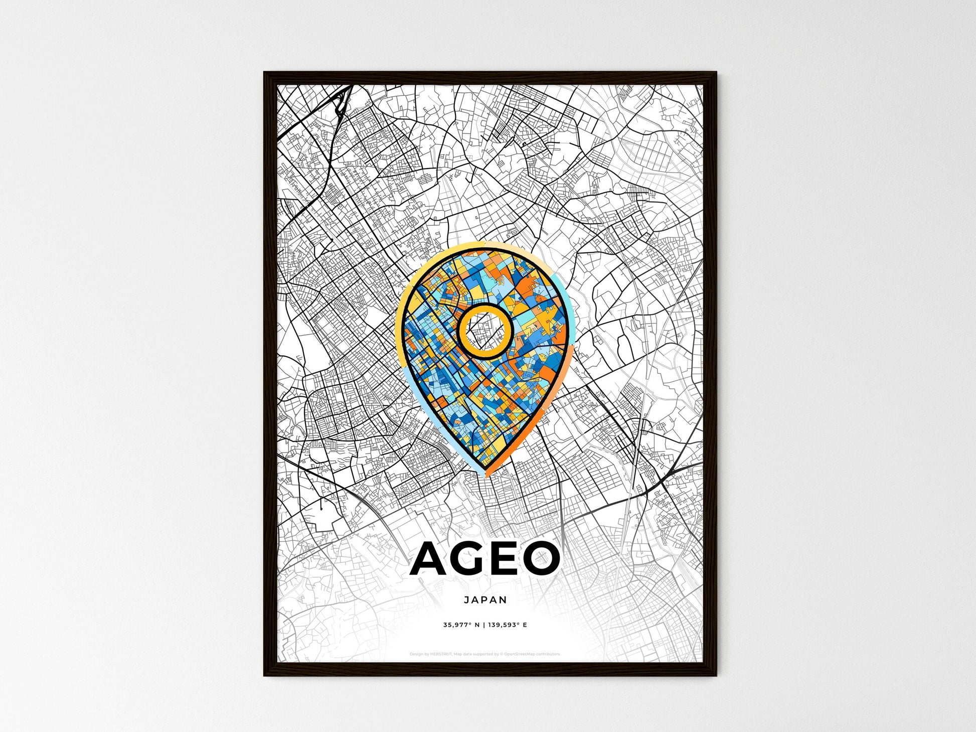 AGEO JAPAN minimal art map with a colorful icon. Where it all began, Couple map gift. Style 1
