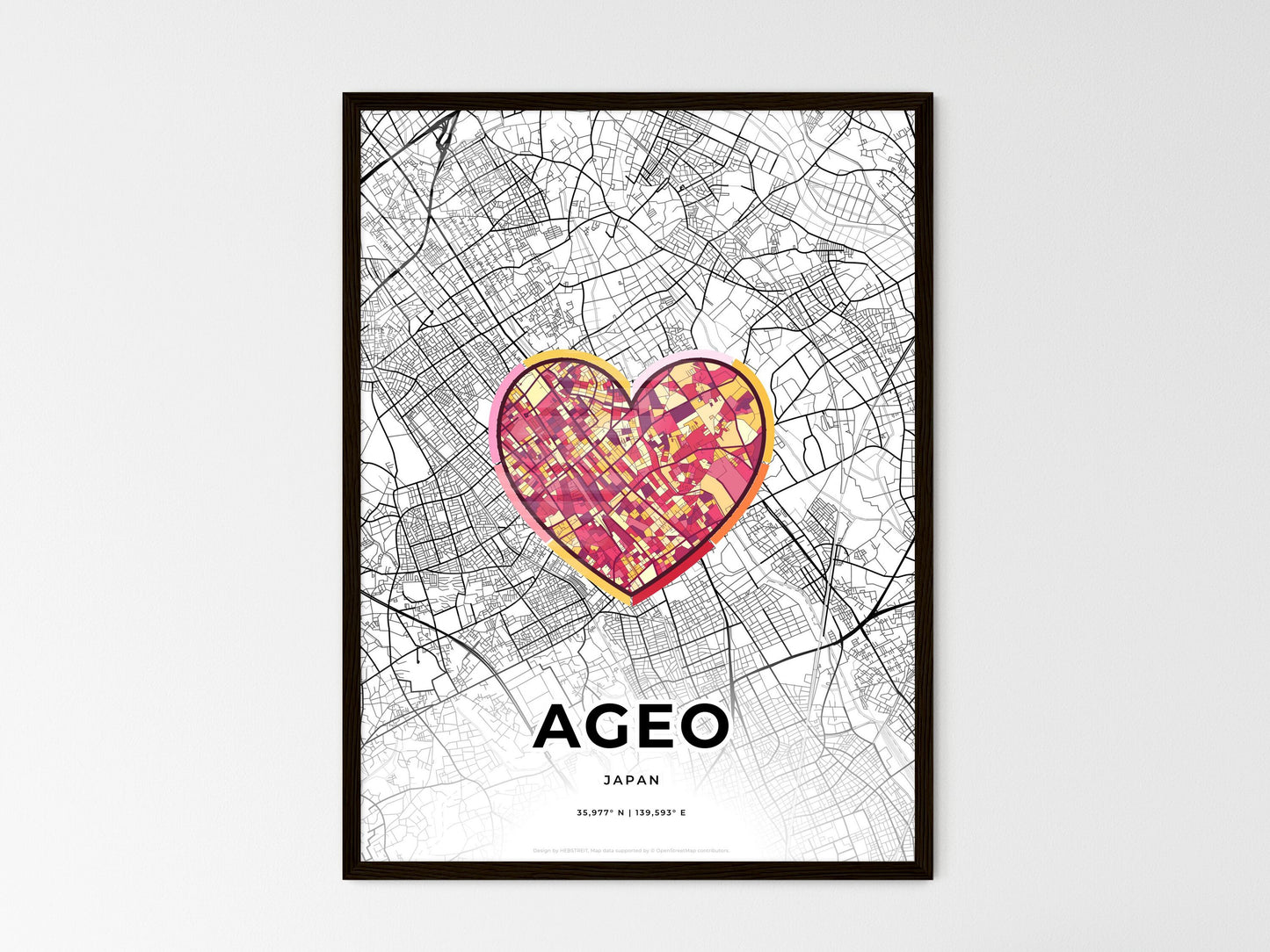 AGEO JAPAN minimal art map with a colorful icon. Where it all began, Couple map gift. Style 2