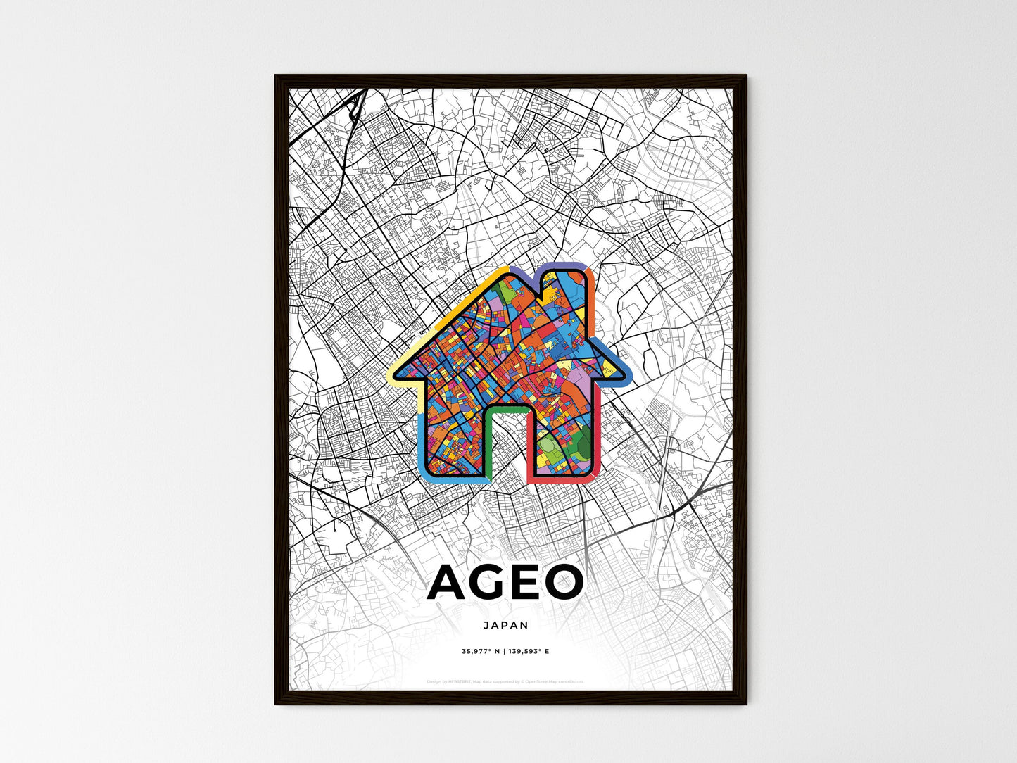 AGEO JAPAN minimal art map with a colorful icon. Where it all began, Couple map gift. Style 3