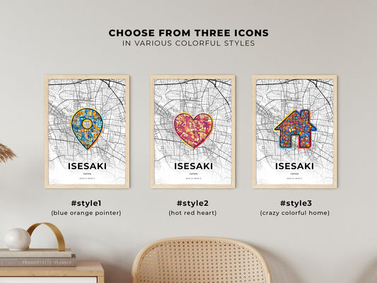 Isesaki Japan maps with colorful icons