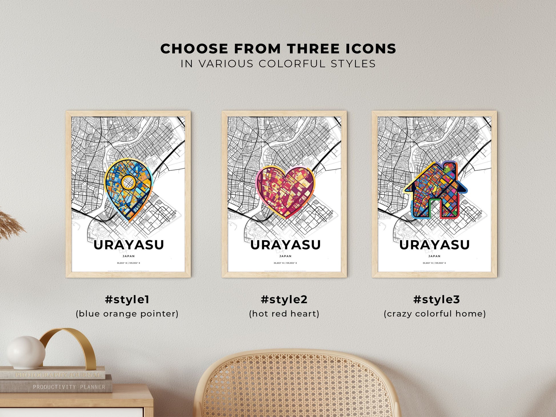 URAYASU JAPAN minimal art map with a colorful icon. Where it all began, Couple map gift.