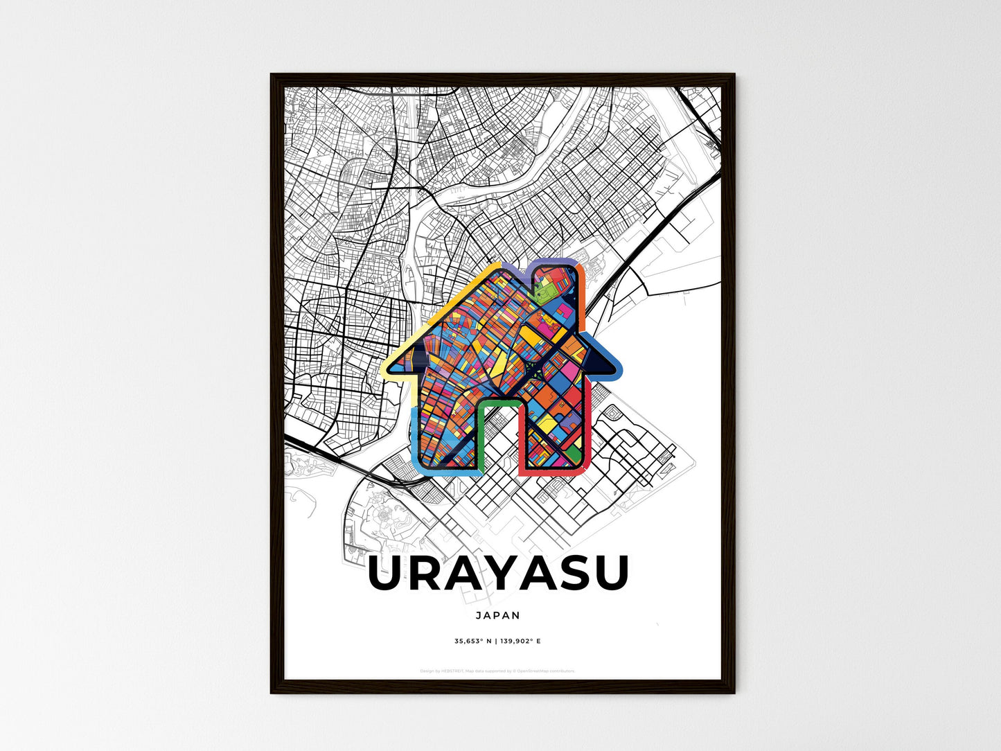 URAYASU JAPAN minimal art map with a colorful icon. Where it all began, Couple map gift. Style 3