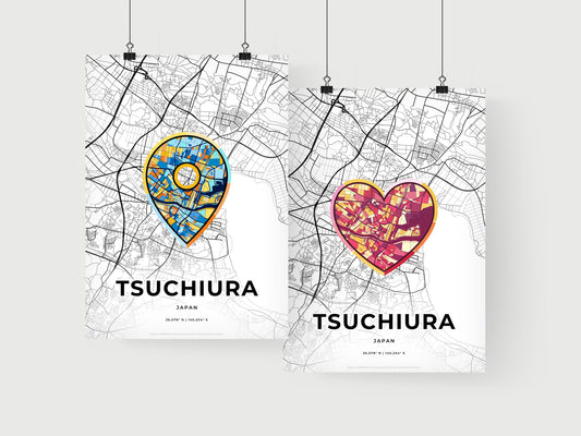 TSUCHIURA JAPAN minimal art map with a colorful icon. Where it all began, Couple map gift.