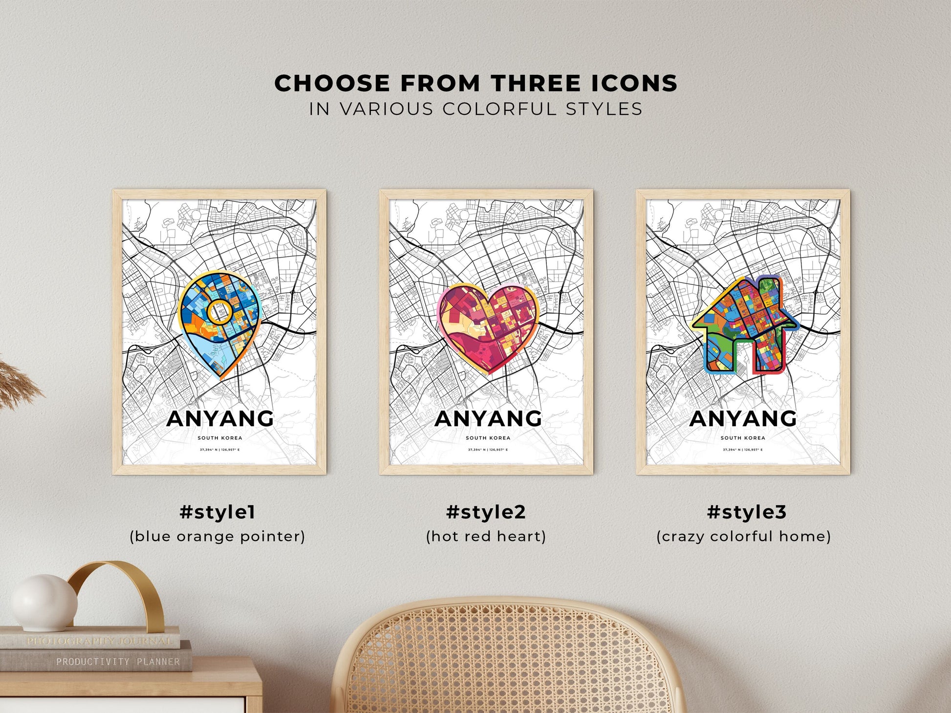 ANYANG SOUTH KOREA minimal art map with a colorful icon. Where it all began, Couple map gift.