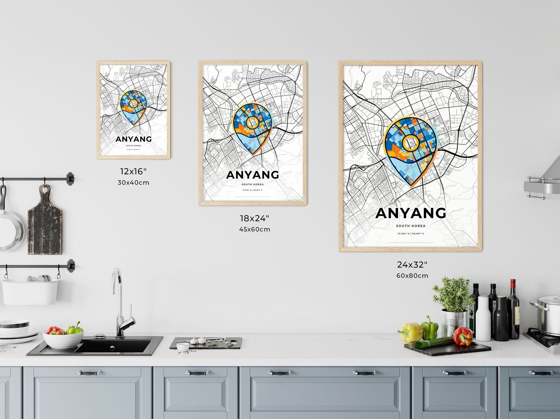 ANYANG SOUTH KOREA minimal art map with a colorful icon. Where it all began, Couple map gift.