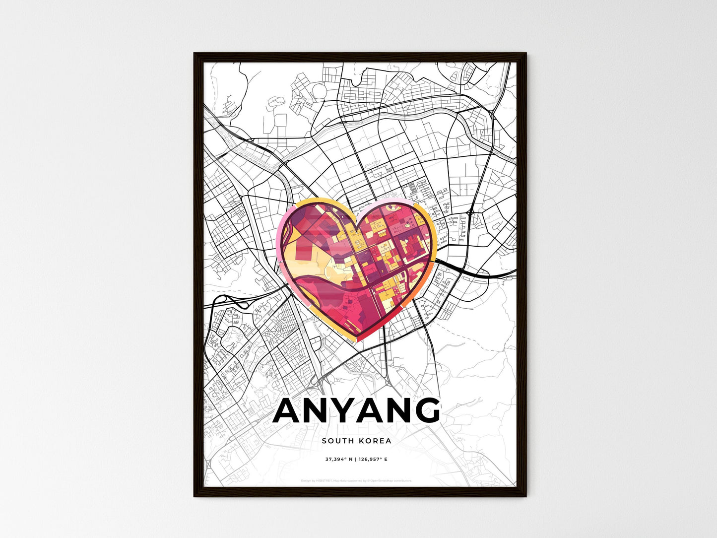 ANYANG SOUTH KOREA minimal art map with a colorful icon. Where it all began, Couple map gift. Style 2