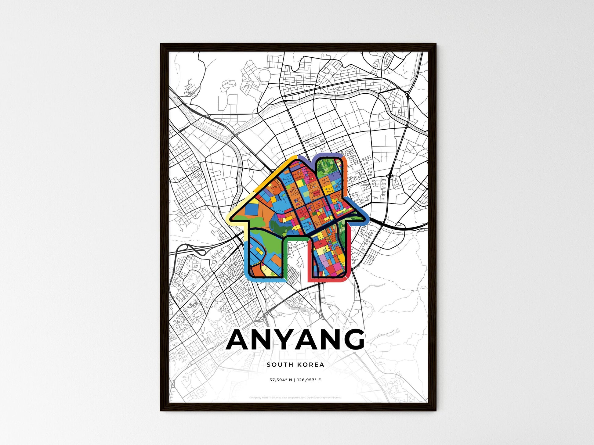 ANYANG SOUTH KOREA minimal art map with a colorful icon. Where it all began, Couple map gift. Style 3