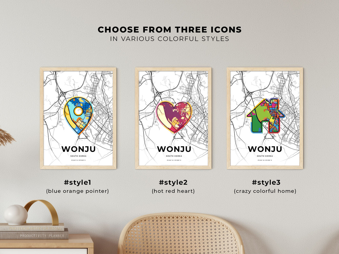 WONJU SOUTH KOREA minimal art map with a colorful icon. Where it all began, Couple map gift.