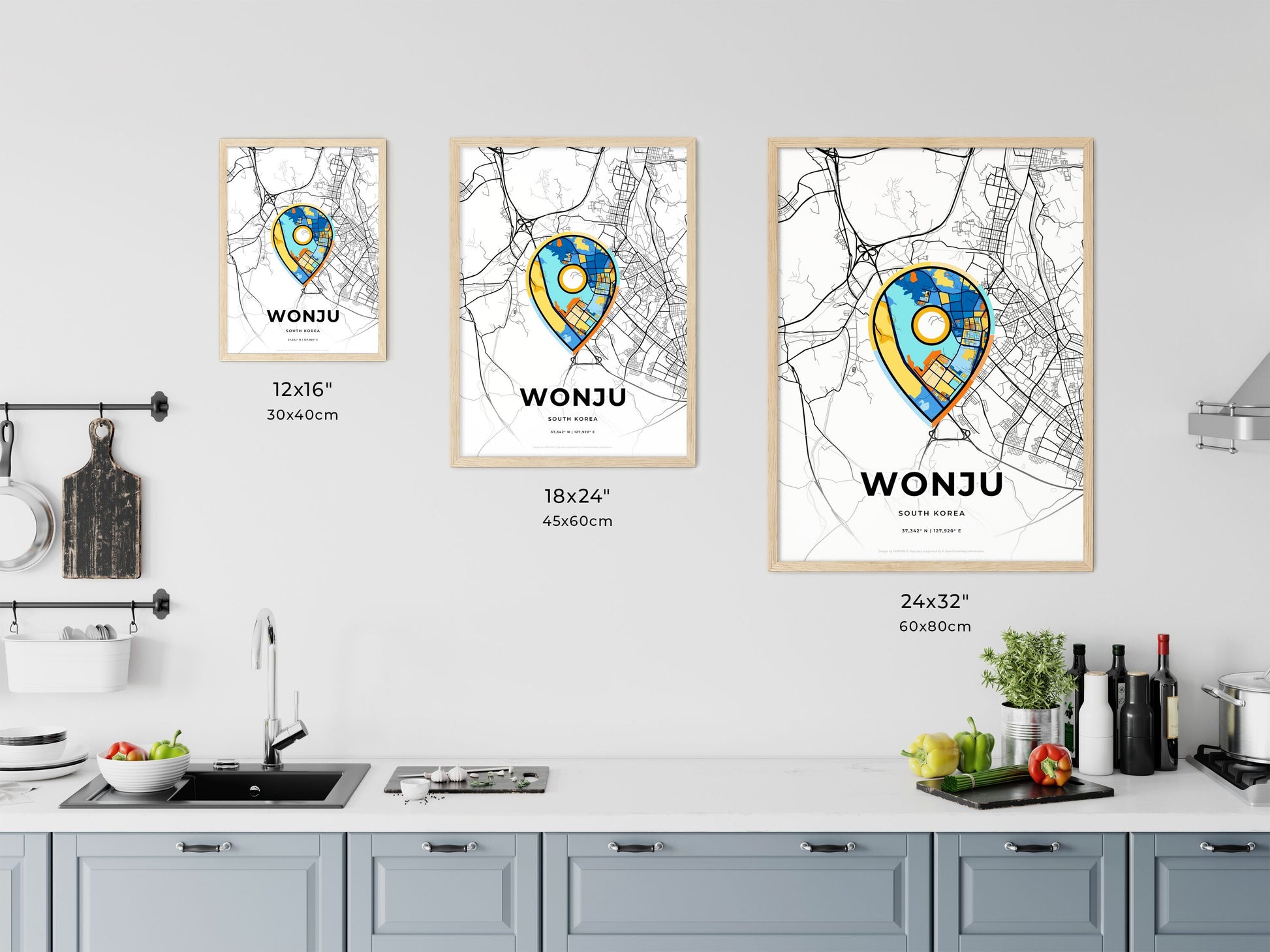 WONJU SOUTH KOREA minimal art map with a colorful icon. Where it all began, Couple map gift.