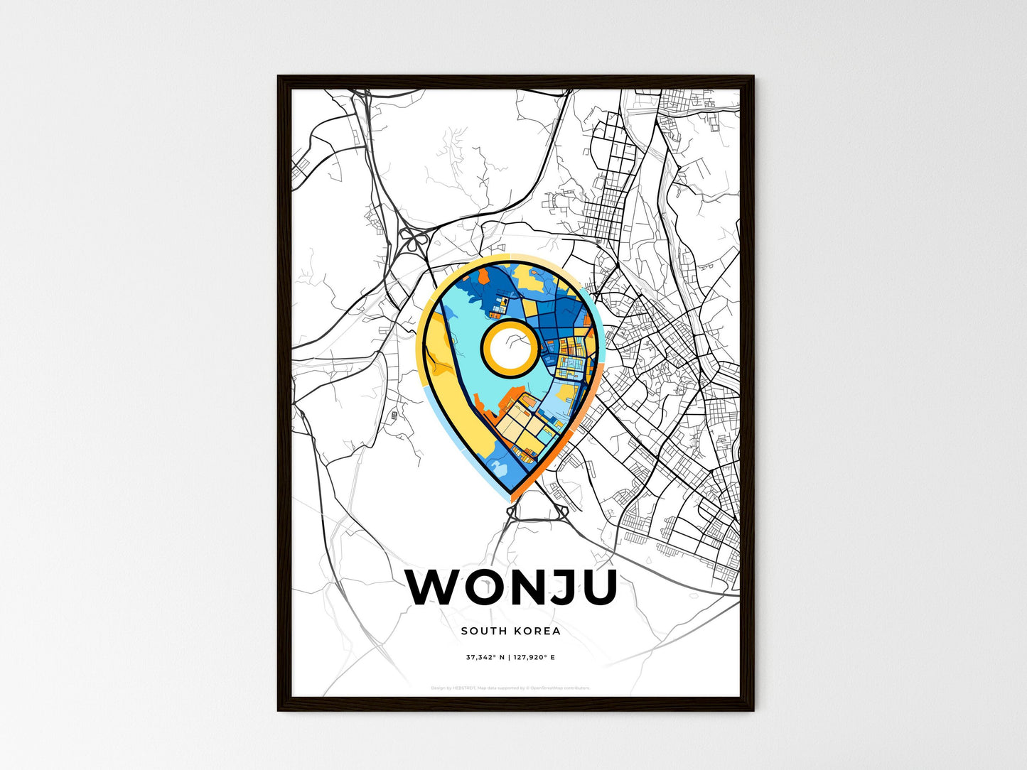 WONJU SOUTH KOREA minimal art map with a colorful icon. Where it all began, Couple map gift. Style 1