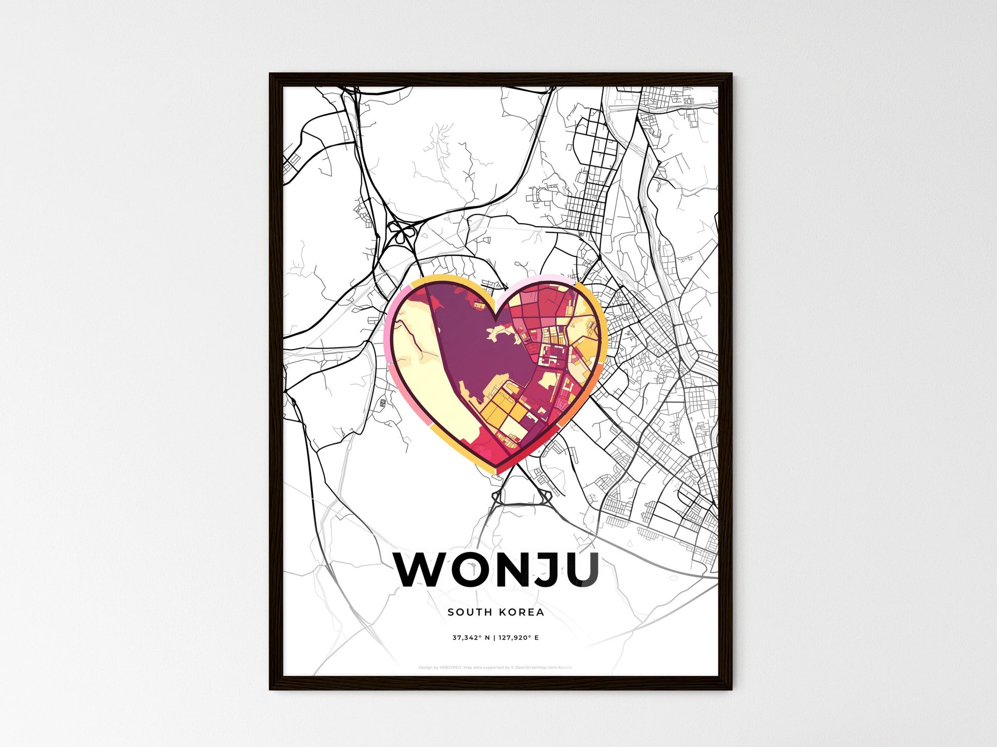 WONJU SOUTH KOREA minimal art map with a colorful icon. Where it all began, Couple map gift. Style 2