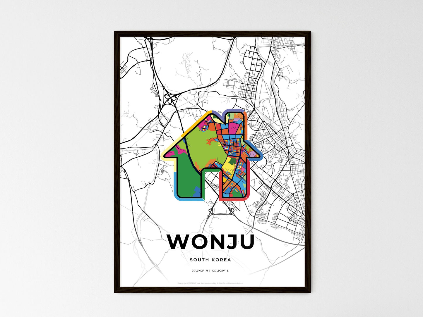 WONJU SOUTH KOREA minimal art map with a colorful icon. Where it all began, Couple map gift. Style 3