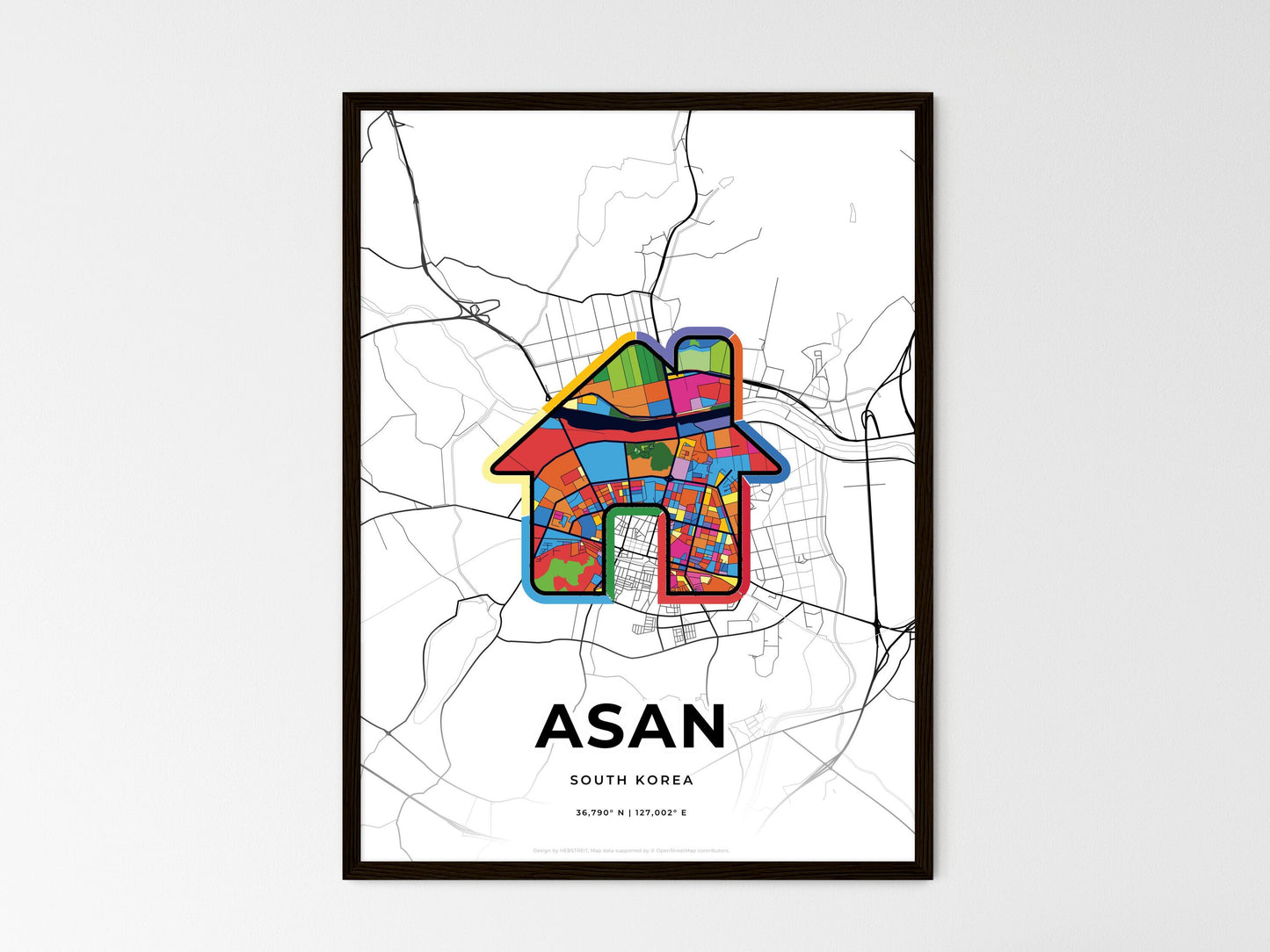 Asan South Korea wedding art map with home icon