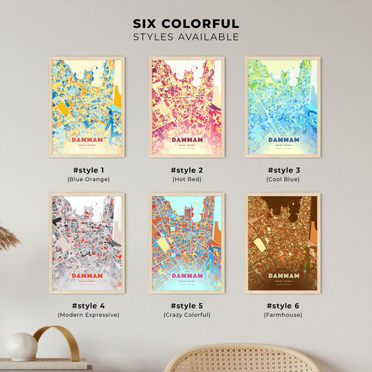 Colorful DAMMAM SAUDI ARABIA Fine Art Map Blue Orange