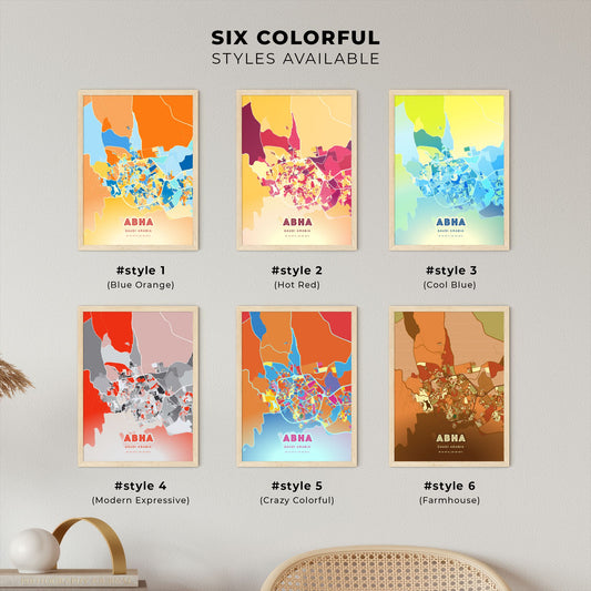 Colorful ABHA SAUDI ARABIA Fine Art Map Blue Orange