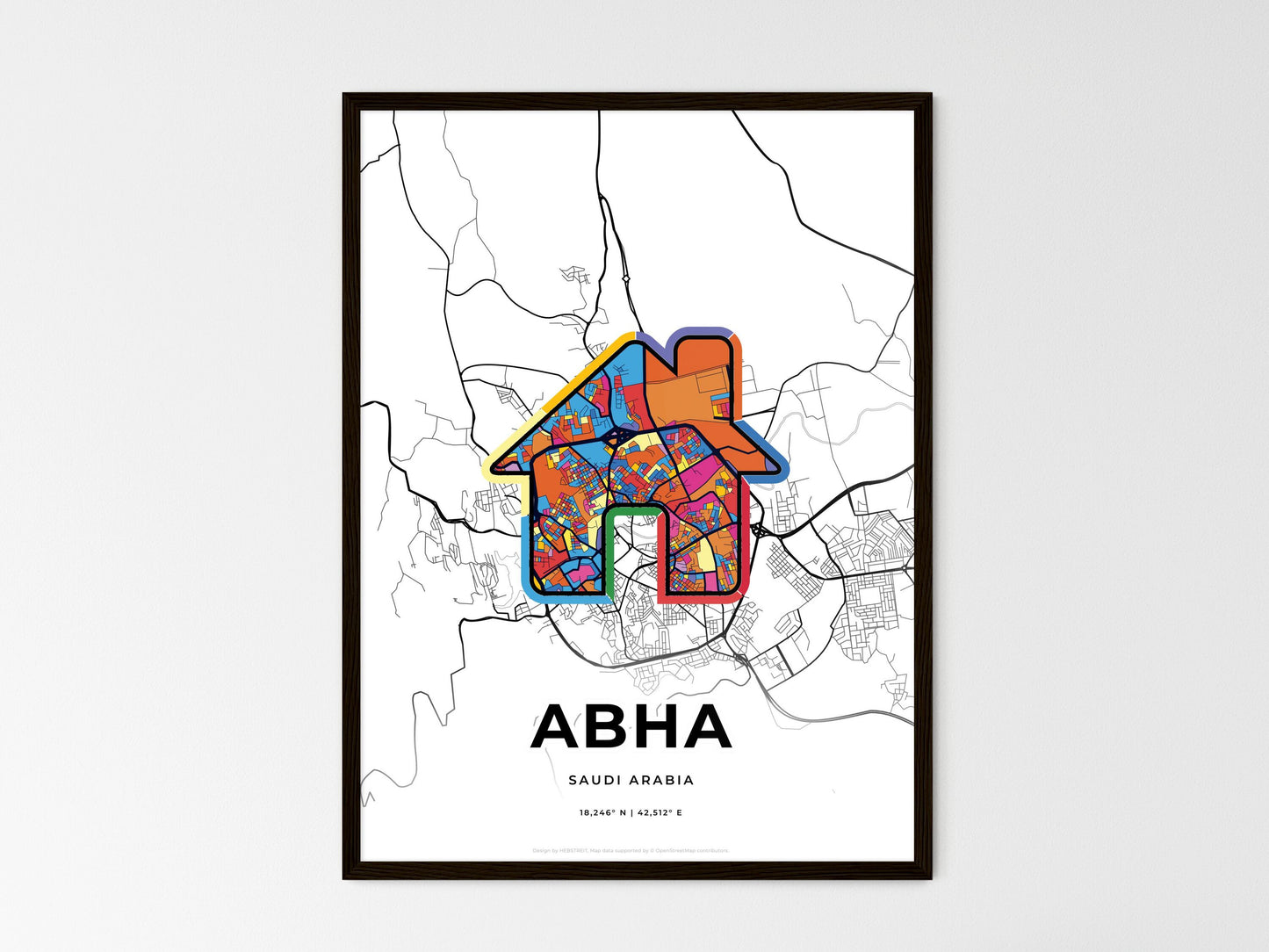 ABHA SAUDI ARABIA minimal art map with a colorful icon. Where it all began, Couple map gift. Style 3