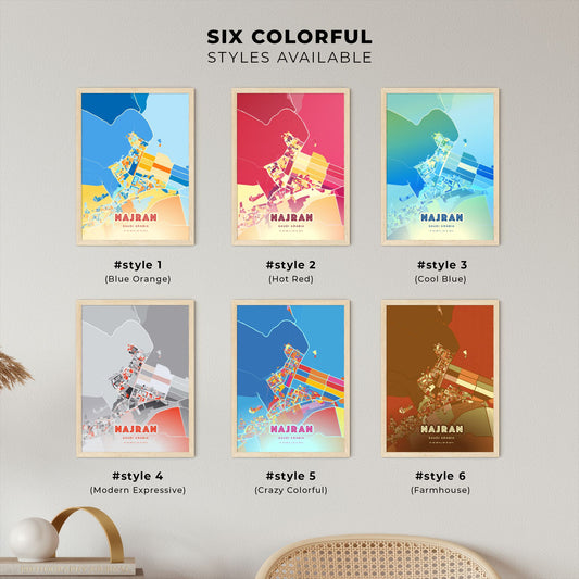 Colorful NAJRAN SAUDI ARABIA Fine Art Map Blue Orange