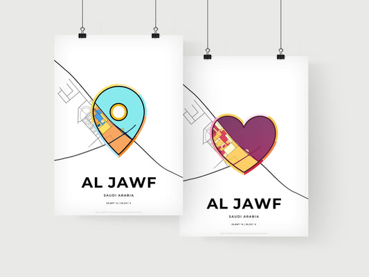 AL JAWF SAUDI ARABIA minimal art map with a colorful icon. Where it all began, Couple map gift.