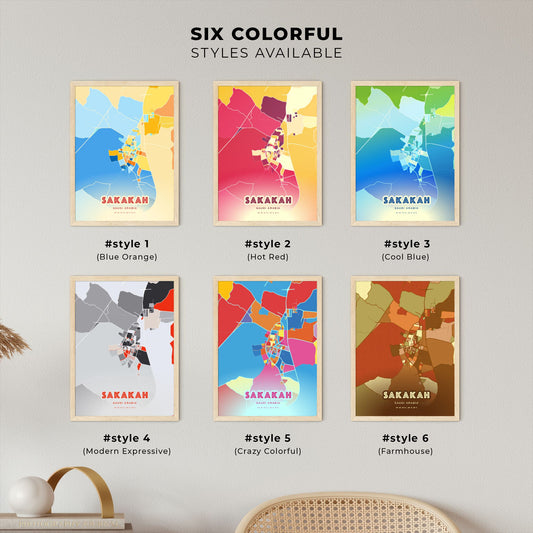 Colorful SAKAKAH SAUDI ARABIA Fine Art Map Blue Orange