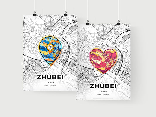 ZHUBEI TAIWAN minimal art map with a colorful icon. Where it all began, Couple map gift.