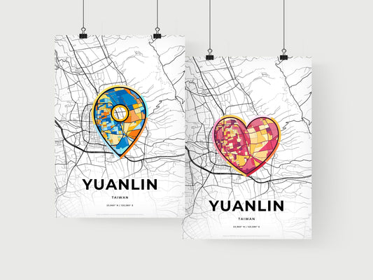 YUANLIN TAIWAN minimal art map with a colorful icon. Where it all began, Couple map gift.